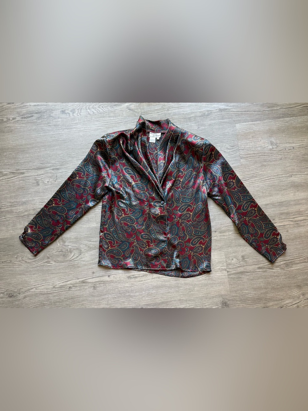 Vintage Hastings & Smith Paisley Satin Blouse Womens Size 8 Burgundy Teal 90s
